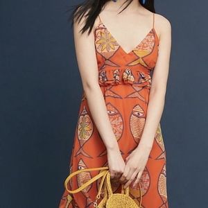 Orange Silk Ruffle Fish Print Midi Sundress